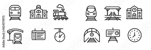 Outline illustrations of various train-related elements including trains, stations, and schedules