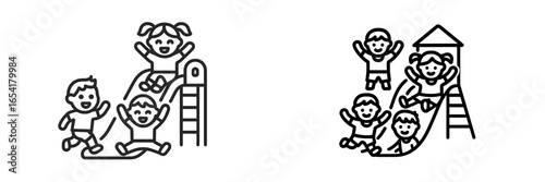 Children enjoying playtime on a slide at a bright playground in a sunny park with friends celebrating