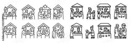 Holiday market with families, vendors, and festive decorations taking place in a cheerful winter atmosphere