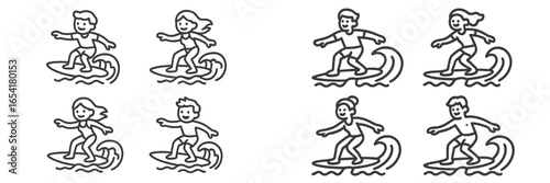 Surfers enjoying waves at a beach during a sunny day with clear skies and vibrant energy