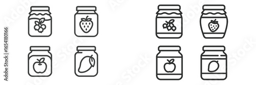 Variety of fruit jam jars displayed in a simple and modern style for culinary inspiration and pantry decoration