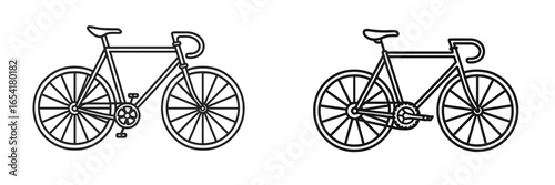 Two distinct bicycle designs showcasing different components in a clean outline style