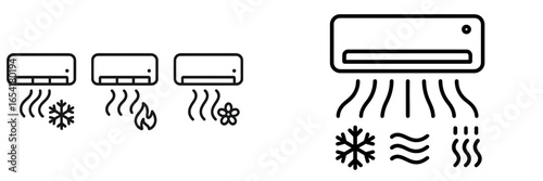 Different modes of an air conditioning system in a modern design showing cooling, heating, and air circulation features