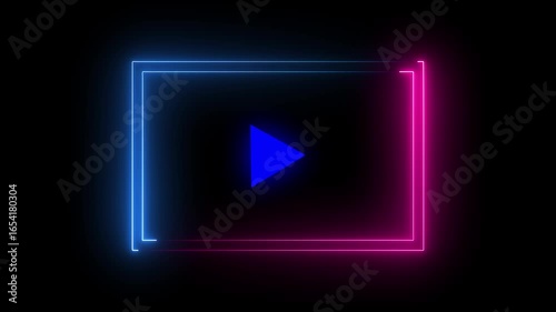 Neon music player icon, Neon rectangle video player animation on black background