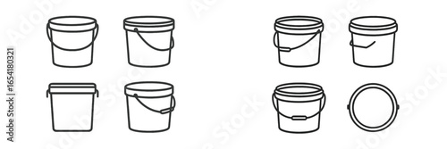Various designs of buckets displayed in a creative arrangement for product illustration purposes