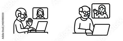 Senior man using laptop for video call while waving to family member on screen during a home visit