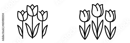 Bright tulips in a garden setting featuring simple outlines against a white background displaying springtime freshness