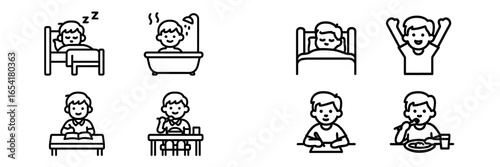 Daily routine activities of a child including waking up, bathing, studying, and eating at home