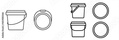 Different types of buckets and containers displayed side by side on a simple background