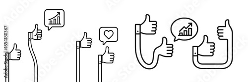 Popularity indicators showing thumbs up signs with graphs and hearts during a business discussion in a modern workspace