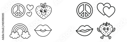 Cute and playful doodles of hearts, peace signs, strawberries, and lips in black and white