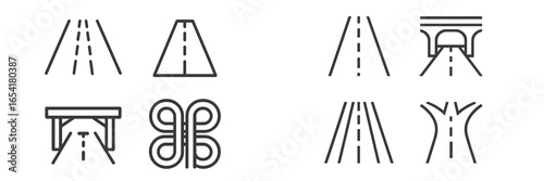 Various road signs and symbols illustrating different highway configurations and paths useful for navigation