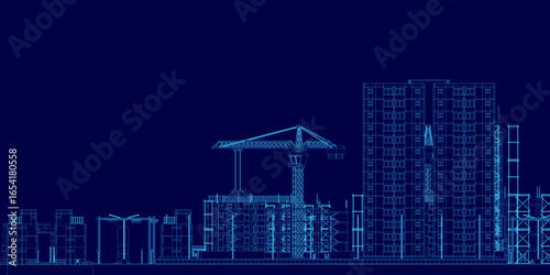 A detailed blueprint of a modern building under construction, featuring a wireframe structure and a towering crane in the background. The dark blue backdrop highlights the architectural design.