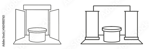 Artwork features a minimalistic altar design with two columns and an elevated platform, showcasing a unique geometric shape