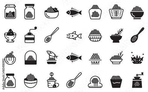 A vector collection of caviar and fish roe icons in solid and outline styles, featuring jars, bowls, spoons, fish, baskets, grinders, and serving dishes. Perfect for seafood restaurants, gourmet food 