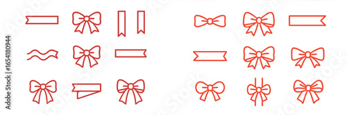 Various designs of red ribbons and bows for decoration and crafts in a simple layout on a white background
