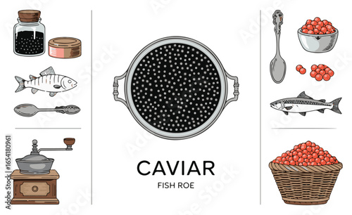 A vector collection of caviar and fish roe icons in solid and outline styles, featuring jars, bowls, spoons, fish, baskets, grinders, and serving dishes. Perfect for seafood restaurants, gourmet food 