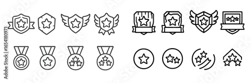 Icons representing achievements and awards in a minimalistic line art style displayed on a white background
