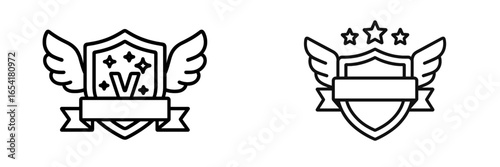 Stylized winged shield logos featuring stars and banners in a minimalist design