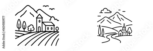 Rural landscape illustration featuring mountains, fields, and traditional buildings during daytime
