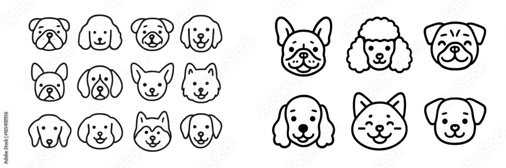 Fototapeta premium Different dog breed illustrations showcasing unique features and expressions through simple line drawings in a playful arrangement