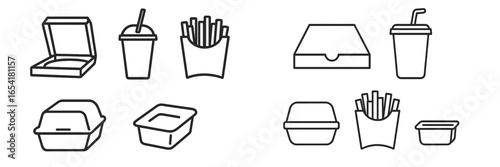Icons of fast food containers, cups, and fries showcasing modern dining takeout options in simple line design