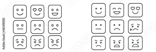 Emojis representing various emotions displayed in a grid format across two panels on a white background