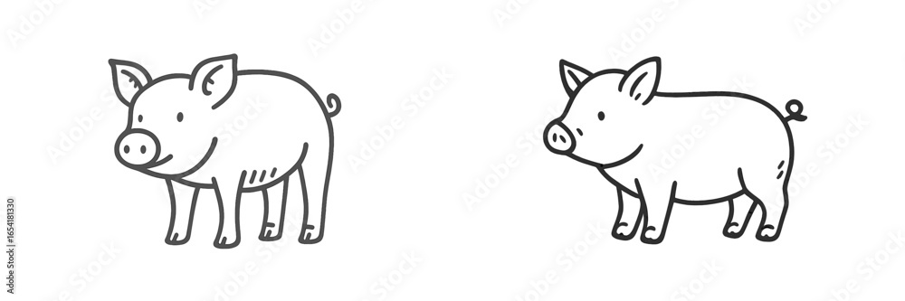 Fototapeta premium Two simple sketches of pigs showcasing distinct characteristics in posture and expression