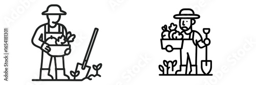 Gardener planting and harvesting vegetables in a sunny garden setting with tools and fresh produce