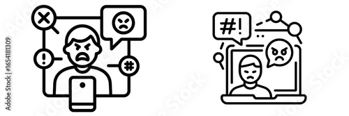 Illustrations depicting online conflict and digital communication challenges in a modern context