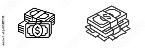 Graphic representation of currency stacks in simple black and white design highlighting monetary value