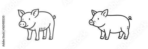 Two simple sketches of pigs showcasing distinct characteristics in posture and expression