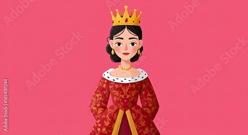Cartoon Queen Wearing Golden Crown on Pink Background