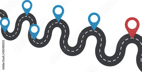 Set of journey and progression illustration vector — winding road with dashed center line and six location markers indicating steps or milestones