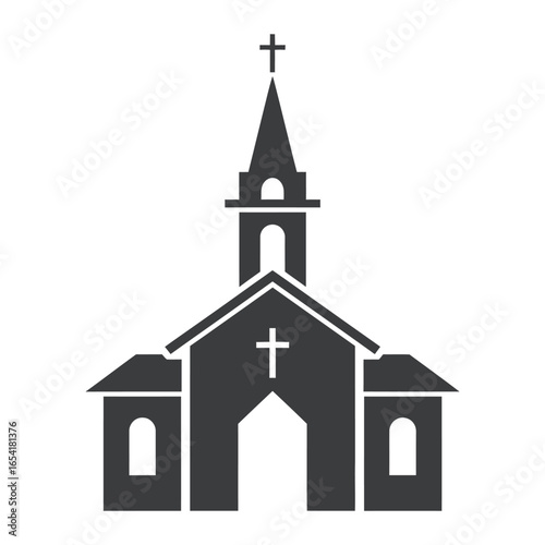 A simple grayscale illustration of a church building with a cross on top of the steeple tower vector