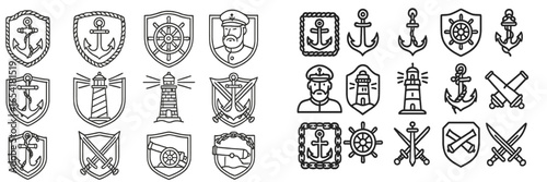 Nautical themed line art featuring anchors, lighthouses, and maritime symbols with shields and captains