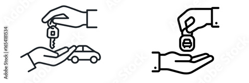 Handing over car keys in a rental exchange between two people at a car rental location