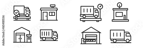 Collection of simple black and white line icons depicting shipping and truck logistics in various settings