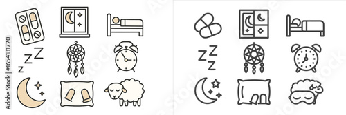 Creative collection of sleep and dreaming icons, featuring various symbols related to rest and nighttime activities in a minimalist style