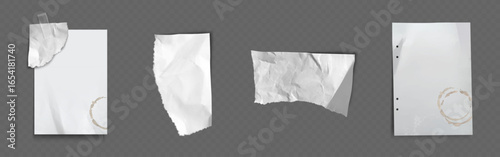 Ripped paper pieces with coffee stains and tape - white sheet fragments with torn edges, crumpled fold textures, hole punches and beverage rings for vintage scrapbook elements, collage design mockup.