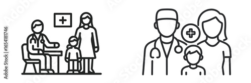 Family visit to a healthcare provider in a clinic setting with a doctor examining a patient and discussing health issues