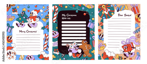 Designs of letters to Santa Claus set. Christmas templates with place for text, notes and frame from Xmas elements in groovy style. Layouts for wishes for winter holidays. Flat vector illustrations.