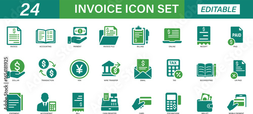 Invoice icon set in solid vector style. Includes receipt, bill, tax, paid, statement, accounting, transaction, barcode, and more. Perfect for finance and business use