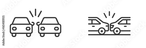 Two cars in a minor collision with visible damage and alarm signals in an urban setting during daylight