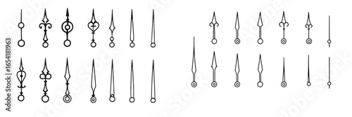 Unique collection of clock hands and pointers designed for various styles of timepieces and clocks in black and white