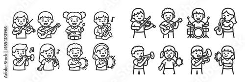 Children joyfully playing various musical instruments in a colorful music class during the afternoon