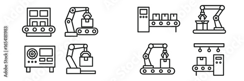 Various industrial robotic arms performing tasks on a conveyor belt in a manufacturing setting