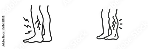 Pain and discomfort in the legs represented through simple illustrations showing symptoms in various positions