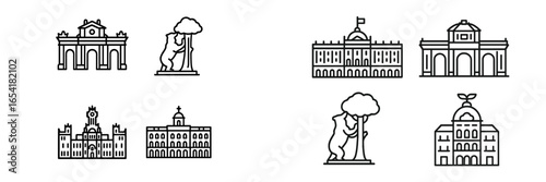 Collection of iconic architectural structures and symbols representing a city's heritage and civic pride in a minimalist style
