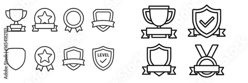 Collection of various award and achievement icons featuring trophies, shields, and badges in a simple line art style